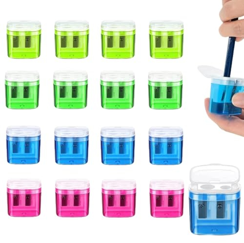 16 Stück 4 Farben Anspitzer mit Behälter, Spitzer mit Dose, Doppelloch-Bleistiftspitzer und Manueller Pencil Sharpener, Anspitzer Kinder, Dosenspitzer Dicke und Dünne Stifte, Spitzer für Schule Büro