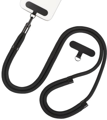 Segus Cordon Telephone Portable, 1 Pièce 7mm Tour de Cou Telephone Universelle, avec 2 Patchs, Réglable et Détachable, Compatible avec la Plupart des Coques pour Smartphone (Noir)