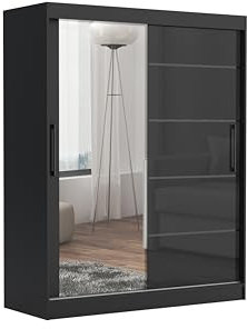 Brent - Kleiderschrank mit Spiegel und Schubladen 160cm Breit Chelsea Tomy, Schwebetürenschrank mit Spiegel, Schlafzimmerschrank, Kleiderschrank Schwarz Matt/Schwarz Hochglanz