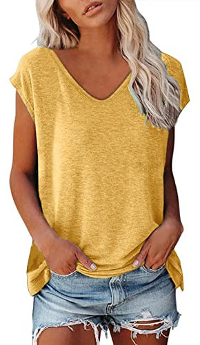 Tshirt Damen Kurzarm V-Ausschnitt Oberteile Tops Einfarbige Basic Casual Lose Tank Top Shirt Frauen Teenager Mädchen Klamotten Sommer Luftig Tshirts Damenmode Damentops Gelb M