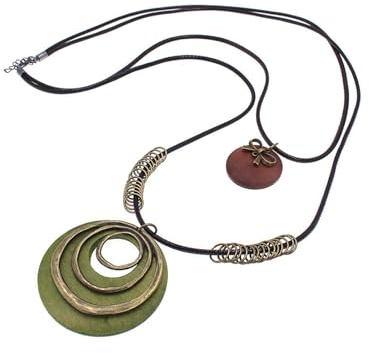 pilyero Boho Kette Damen, Modeschmuck Kette Lang, Holzschmuck Damen, Grün und Bronzefarben, Bohemian Vintage-Schmuck, der sich für Damenoutfits Eignet