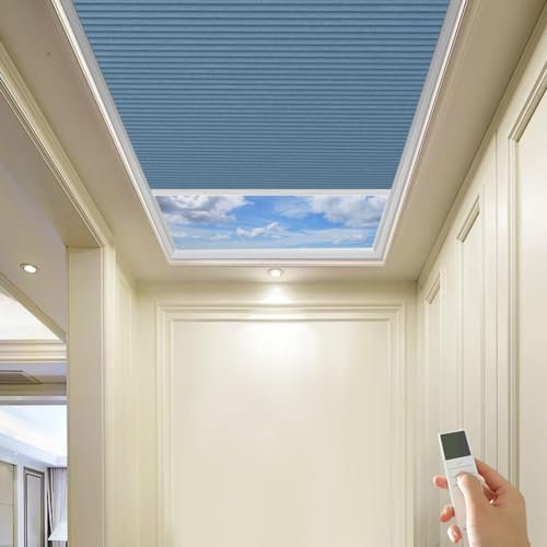 Upgrade Rechargeable Motorized Skylight Blinds - Full Blackout Cellular Honeycomb Shades for Roof Windows - Ideal for Inclined Plane Rooms (Blue 93021G)