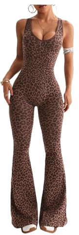 Verdusa Women's Cheetah Print Workout Sets Yoga Flared Pants Jumpsuits