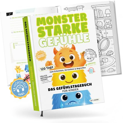 Gefühlstagebuch Kinder ab 5 Jahren – 120 Tage mit wechselnden Fragen, Rätseln & Ausmalbildern – Mit 30 Gefühlsmonstern & 12 Hörspielen (ca. 120 Min) – Pädagogisch wertvolles Kindertagebuch Gefühle