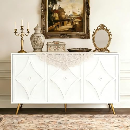 LFGUIZO Weißer 3-türiger Buffetschrank mit 3D-Schnitzerei & Goldfüßen, Modernes Sideboard & Aufbewahrungskommode für Wohnzimmer, Esszimmer, Küche, Diele, Büro, 120x40x80 cm