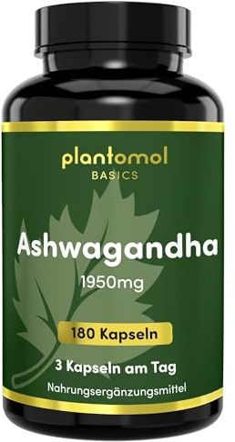 Ashwagandha Kapseln hochdosiert - 2 Monatsvorrat - plantomol® Basics | Ashwagandha hochdosiert - 1950mg reines Ashwagandha Pulver pro Tag - Indische Schlafbeere Kapseln