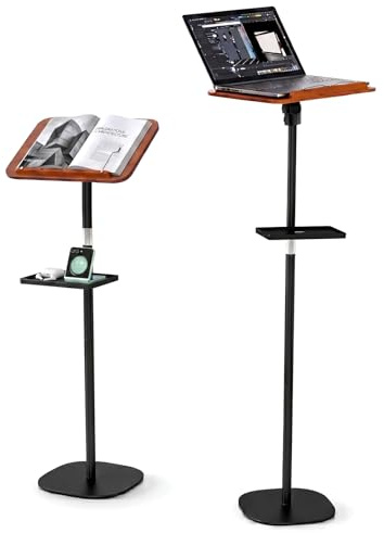 Lectern Podium Stand with Storage Tray, Height Adjustable 108-142cm Wooden Top Lectern with Bookmark, Portable Floor Standing Music Stand, Podium Lectern for Classroom Speech Reading