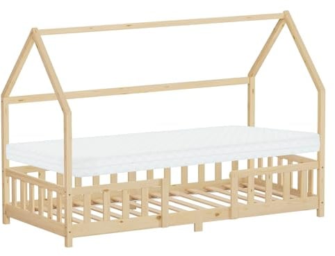 ML-Design Kinderbett Hausbett 90x200 cm mit Matratze H:10cm, Rausfallschutz, Dach & Lattenrost, Natur, Bettgestell aus Kiefernholz, Montessori Bodenbett, Jugendbett Holzbett, Bett für Mädchen & Jungen