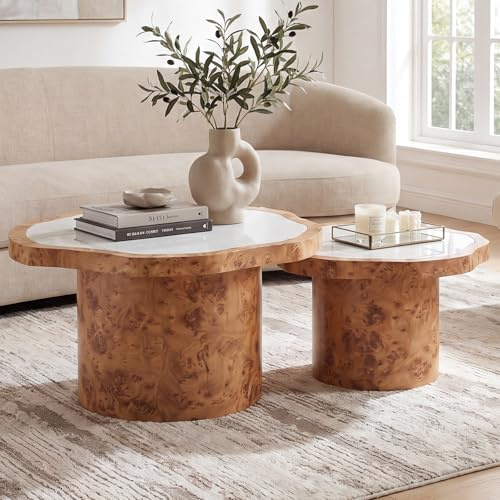 chairus Couchtisch-Set, Wolkenform, Marmor-Optik, Holzgestell, Ø78/60 cm | Runder Beistelltisch mit edler Marmor-Optik und stabilem Holzgestell, vielseitig als Sofatisch für Wohnzimmer/Schlafzimmer