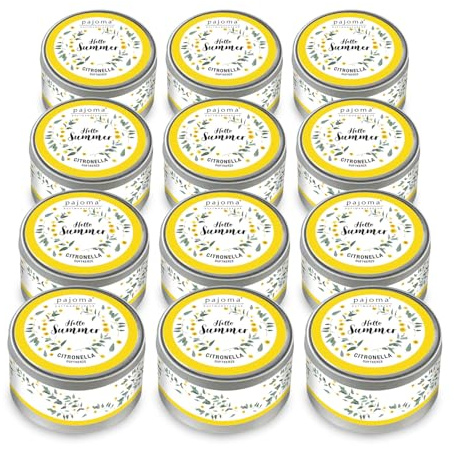 pajoma® Duftkerze Citronella & Lemongras 12x in Metalldose | Brenndauer: ca. 10 Stunden je Kerze | Praktisch für unterwegs & dekorativ | Frischer Duft & modernes Design