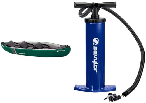 Sevylor Kanu aufblasbar Adventure Plus - 2+1 Personen Faltkajak, Kanadier, 368 x 86 cm & Sevylor 2000019887 manuelle Luftpumpe, blau, 2 x 2 Liter (46 x 22 cm)