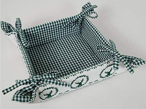 RESI Corbeille à pain rectangulaire en tissu 20 x 20 cm – Panier à pain carré vert à carreaux & motif cerf – Durable en 100 % coton, lavable à 30 °C, style maison de campagne pour pain, petits pains,