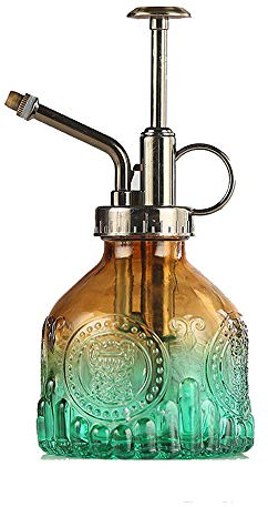 Plant Mister Glas-Sprühflasche, kleine Pflanzen-Gießkanne, 16 cm hoch, Retro-Gießkanne für den Innenbereich, Bronze-Kunststoff, Pumpe für Garten und Innenbereich, Sprühflasche (braun/grün)