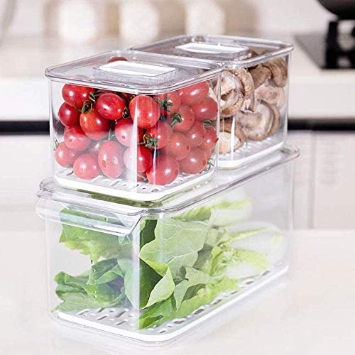 SANNO Fruit Vegetable Fresh Storage Containers Produce Saver FreshWorks Produce - Stackable Refrigerator Kitchen Organizer Keeper, Food Storage Container Bin Keep - Set of 3