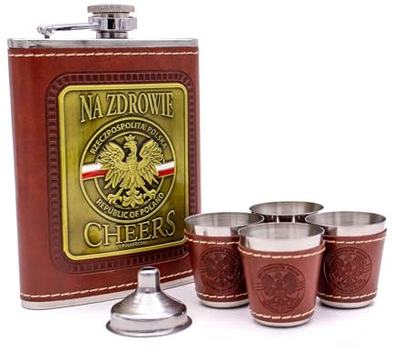 Polart Poland Flask Set - Stainless Steel Gift Boxed Set of Na Zdrowie - Cheers Republic of Poland (Rzeczpospolita Polska) Flask and Four Shot Glasses with Funnel