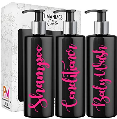 Print Maniacs 3 Set Mrs Hinch Inspired Black Personalised Dispenser Pump Bottles Shampoo Conditioner Body Wash (Pink)
