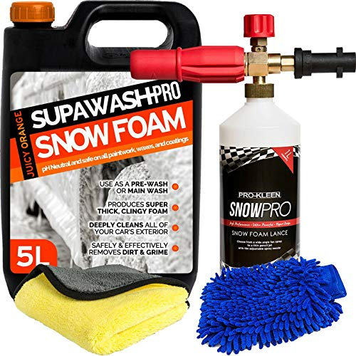 SUPAWASH-PRO Orange Snow Foam Car Shampoo 5L with Karcher Compatible Lance 1 x Microfibre Cloth & Microfibre Wash Mitt - pH Neutral Car Detailing Kit