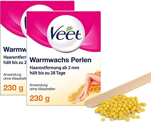 Veet Warmwachsperlen mit Bienenwachs für elektrische Wachsgeräte oder im Wasserbad – Einfache Dosierung – Für bis zu 28 Tage glatte Haut – 2 x 230 g mit Holzspatel