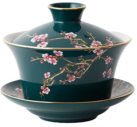 YBK Tech 10oz Large Gaiwan, Porcelain Kung Fu Tea Cup and Saucer with Lid, Chinese Traditional Gaiwan, Sancai Tea Bowl - Embossed Plum Patterns (Green)