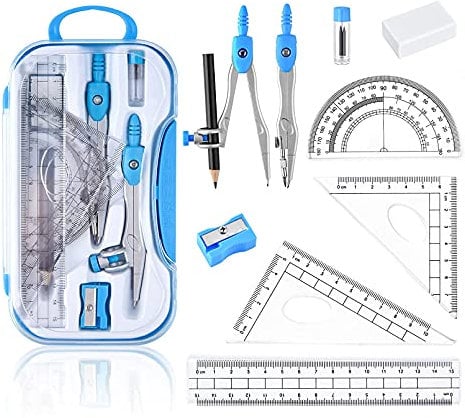 Compasso,Compasso Set,10Pcs Geometry Kit, Set Compasso Scuola Compassi per tracciare goniometro, squadre, righelli per Studenti,compasso,con scatola infrangibili,Blu.