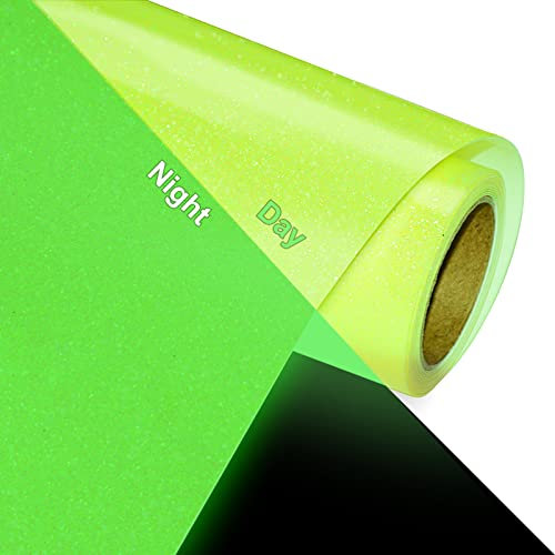 KISSWILL Noen Yellow Glow in The Dark Iron on Vinyl - 10 Inch by 5 Feet Luminous Glitter PU HTV Heat Transfer Vinyl for T-Shirts