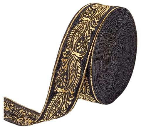 FINGERINSPIRE 10m 25mm Schwarz Vintage Jacquardband Ethnischer Stil Gewebte Bordüre mit Blumenmuster Jacquard Goldranke auf Band Bordüre für Heimwerker, Nähen, Basteln, Heimdekoration
