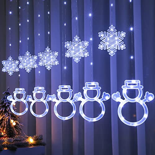BLOOMWIN Schneemänner Schneeflocken Lichtervorhang Kaltweiß 3m, USB Weihnachtesbeleuchtung Stimmungslichter Fensterbeleuchtung Lichterkettenvorhang Schlafzimmer Winter Weihnachten Geburtstag Deko