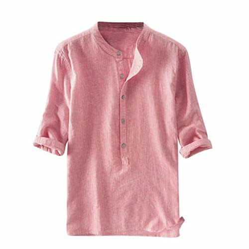 Minetom Homme Mode Simple Couleur Pure Chemise Décontractée Rayé Col V À Manches Longues Boutonné Chemise Coton Et Lin Tunique Tops Blouse C Rose M
