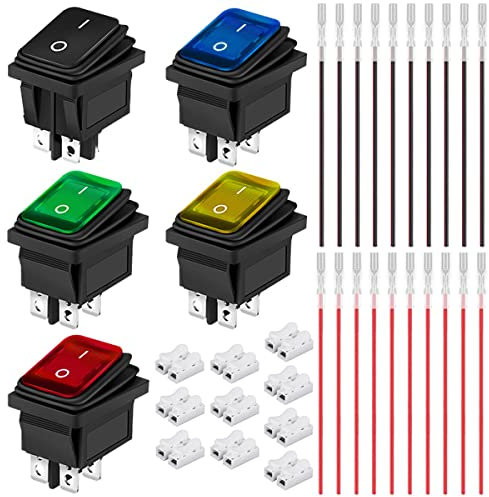 Xiatiaosann 5 Stück Wasserdichter Kippschalter AC 16A/250V 20A/125V DPST Ein/Aus 5 Farben (Schwarz/Rot/Grün/Gelb/Blau) 4 poliger 2 Positionen LED Licht Schalter Wippschalter für Auto mit Crimpdraht