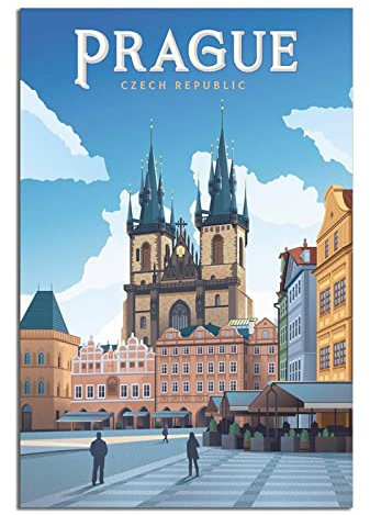 Tschechische Prag, Vintage-Reiseposter, Schlosskirche, Leinwandkunst, Poster, Malerei, Bilder, Wandkunstdrucke, Wanddekoration für Schlafzimmer, Heimbüro, Dekoration, Partygeschenke, 20 x 30 cm