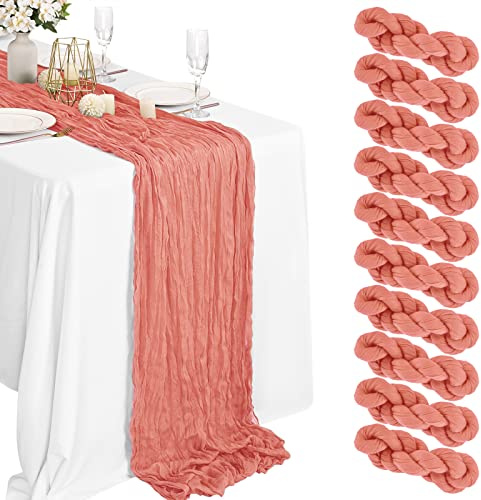 Lykoow Lot de 10 chemins de table en étamine, rose pâle, 3 m x 88,9 cm, pêche corail, gaze rustique, décoration de table de mariage, nappe pour fête prénuptiale, fête prénuptiale