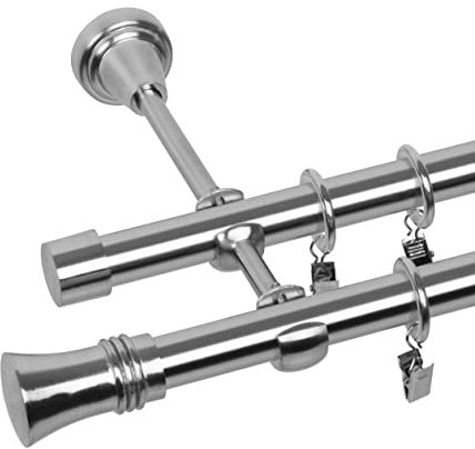 RENA Gardinenstange 19/19 mm Vorhangstange 2-läufig Metall Elegante klassische Gardinenstange mit geräuscharmen Rollen Inklusive Montagezubehörset Edestahl Optik 140cm Prince