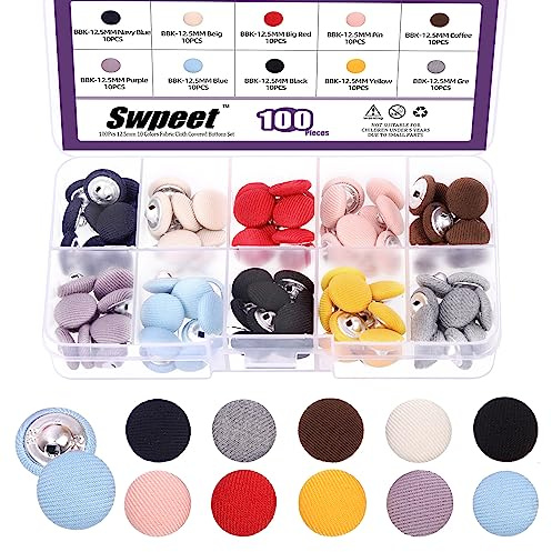 Swpeet 100 unidades de 10 colores de tela de 12,5 mm cubierto de metal con botones redondos, perfecto para vestido de novia de boda, blusa de satén, vestido de baile y vestido formal