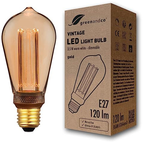 greenandco dimmbare Vintage Design LED Birne zur Stimmungsbeleuchtung | E27 ST64 | gold | 3,5W 120lm | 1800K extra warmweiß | 320° | 230V | flimmerfrei | Edison Glühbirne