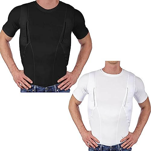 HONGCUICUI Herren-T-Shirt Mit Verdecktem Lederholster, Holster-Hemd, Verdecktes Tragen, Kompression, Rundhalsausschnitt, Eng Anliegend, Atmungsaktiv (2XL,weiß schwarz)