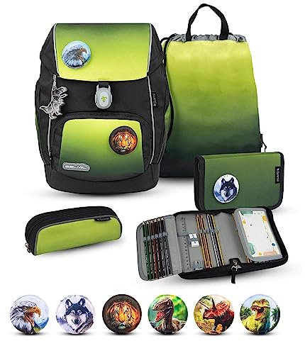Belmil Premium Comfy Plus ergonomisches Schulranzen Set 5 - teilig, für kleine Kinder/Erstklässler - STAEDTLER, Brustgurt, Hüftgurt, Magnetverschluss (405-73/P/S) (Black Green)