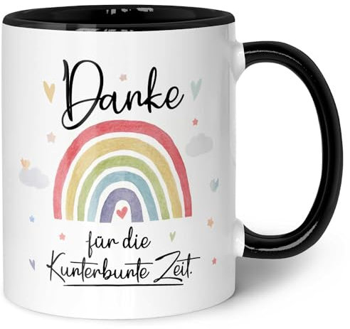 Bedruckte Tasse mit Spruch - Danke für die Kunterbunte Zeit - Geschenk für Erzieher Lehrer zum Kindergarten Abschied - Geschenk als Dankeschön - Farbe Regenbogen - Schwarz & Weiß