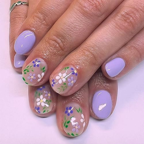 24Pcs Press On Nails - Purple False Nails Short Length - Fake Nails with Flower Design - Square False Nails with Glue - Fashion Cute Fake Nails for Women Girls
