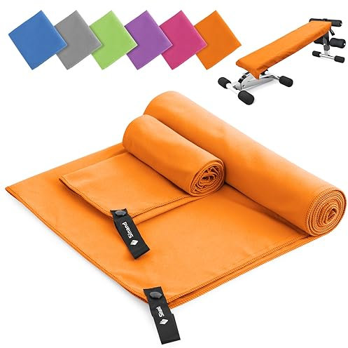 Mikrofaser Handtuch 2er Set | 180x60cm Groß Badetuch + 80x40cm Klein Hand Gesichtshandtuch | Schnelltrocknend Mikrofaser Handtücher, Sporthandtuch Fitnessstudio für Fitness Strand Gym (Orange)