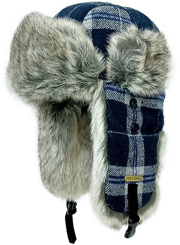HEYANN Wintermütze mit Ohrenklappen,Uschanka Herren Trapper Mütze Fallensteller Karierter Hut Unisex Ushanka Mütze Russische Mütze Bombermütze für Damen und Herren (L/XL, Blau-Grau)