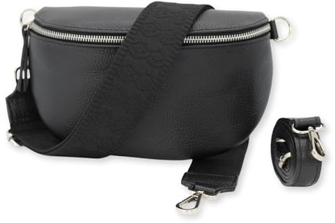 BRISE Bauchtasche Damen Echtes Leder SAHEL Handgemachte Umhängetasche Crossbody Bag Hüfttasche mit Ledergurt + Optionalen Breiten Gemusterten Riemen Gürteltasche Made in Italy (Schwarz-Silber 5)
