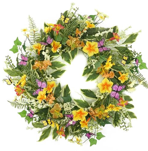 WreathDream Artificial Spring Wreath with Yellow and Pink Morning Glories, Daisies, Ivy Leaves for Front Door, Farmhouse, Indoor and Outdoor Festival Decoration