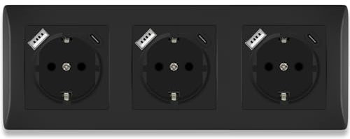 BSEED Schuko Steckdose 3 Fach mit Steckklemme 16Amp, Unterputz Steckdose mit USB/TYPE C Port 2.1A, 3er Steckdose Unterputz mit PC Rahmen, Dreifachsteckdose Schutzkontakt Wandsteckdose Schwarz -223mm