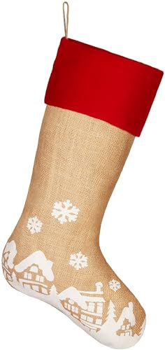 BRUBAKER Weihnachtsstrumpf zum Befüllen und Aufhängen - 52 cm großer Nikolausstrumpf für Weihnachten und Nikolaus - Weihnachtsdeko Strümpfe Weihnachtssocke aus Jute - Weihnachtsdorf im Schnee