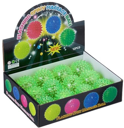 Relaxdays LED Igelball, 12er Set, blinkende Leuchtbälle mit Noppen, leuchtende LED Flummis für Kinder, Ø 6,5 cm, grün