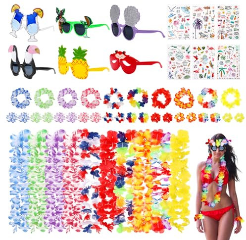 Lvefyti 6 Stück Luau-Partybrille und 40 Stück Hawaiianische Girlanden,Hawaii Party Tropical Sonnenbrille,Blumenketten Hawaii Kette Haarband Armbänder,Sommer Strandparty Pool Dekorationen Zubehör