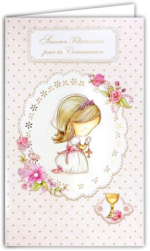 AFIE 19-640 Carte Porte-Billet avec Enveloppe Sincères Félicitations pour ta Communion Fille Croix Chrétienne Catholique Fleurs Roses Vin Coupe Calice Ciboire Illustration - Fabriqué en Europe