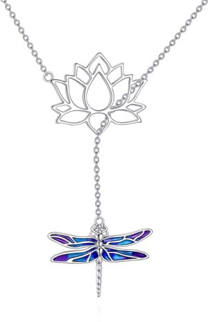 YAFEINI Libelle Kette Sterling Silber Lotus Blume Y-Halskette Schmuck Geschenke für Damen