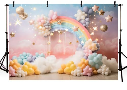 AIBIIN Fondo de fotografía arcoíris de 7 x 5 pies, cielo rosa, nubes coloridas, globos, telón de fondo para niña, pastel, fiesta de cumpleaños, decoración de estudio, accesorios para fotos