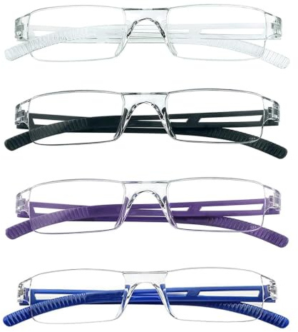Hubeye Frameless Reading Glasses Ultralight Blue Light Blocking Lens 2.00 | Transparent Plastic Frame, Rimless Frameless Structure, Comfortable to Wear, 4‑Pack of Trasparent+Black+Blue+Purple Set